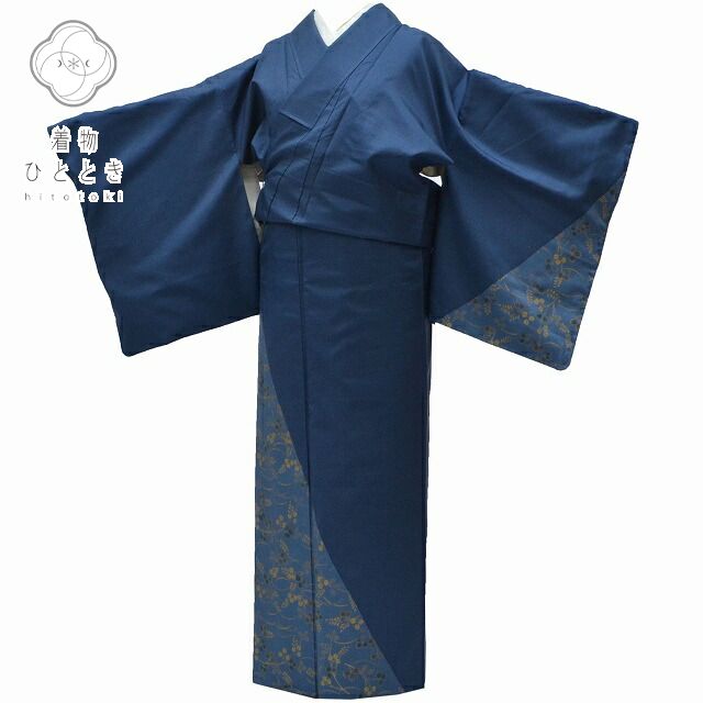紬 身丈161cm 裄丈64cm 正絹 L 紺色系 植物文様 qq2219b