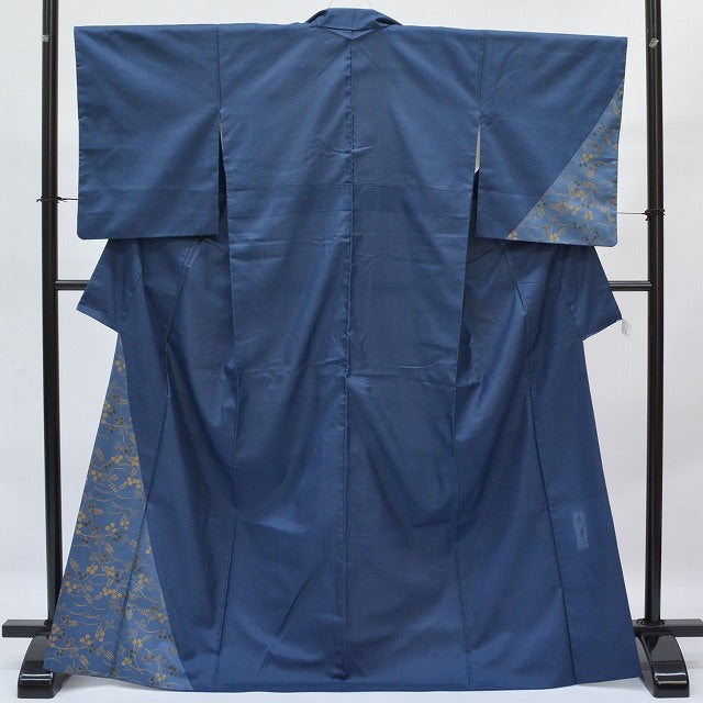 Vintage Japanese Kimono | Dyed Oshima Tsumugi | Navy Silk | Botanical Pattern | Size L | Sustainable | qq2219b
