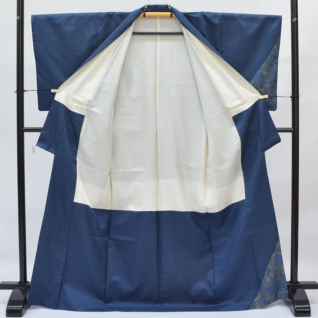 Vintage Japanese Kimono | Dyed Oshima Tsumugi | Navy Silk | Botanical Pattern | Size L | Sustainable | qq2219b