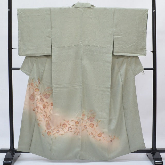 Vintage Japanese Kimono | Houmongi | Green Silk | Floral Arabesque | One Crest | Petite Size S | Sustainable | qq2220b