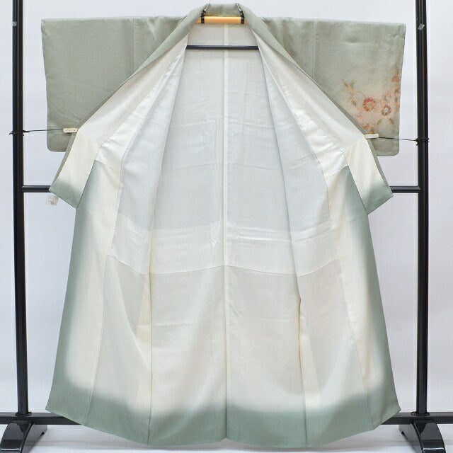 Vintage Japanese Kimono | Houmongi | Green Silk | Floral Arabesque | One Crest | Petite Size S | Sustainable | qq2220b