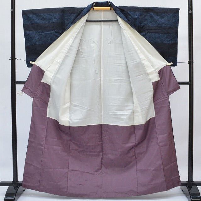 Vintage Japanese Kimono | Tsumugi | Navy Silk | Hemp Leaf Pattern | Petite Size S | Sustainable | qq2221b