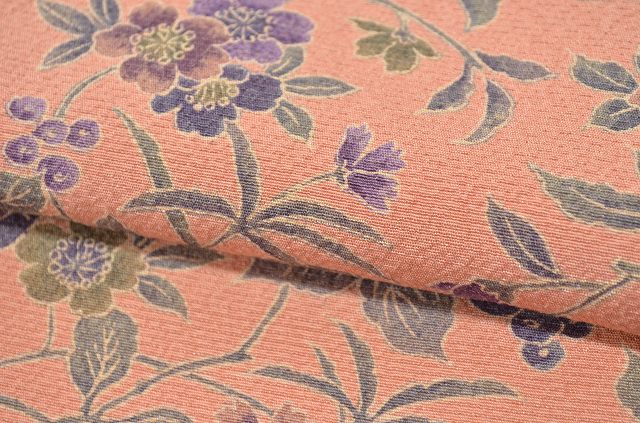 Vintage Japanese Kimono | Komon | Orange Silk Crepe | Botanical Floral | Size M | Sustainable | qq2225b