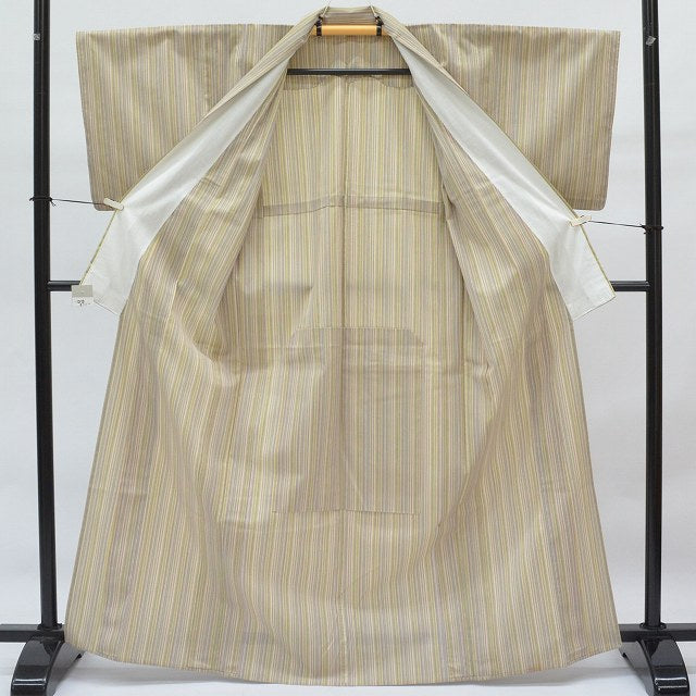 Vintage Japanese Kimono | Komon | Beige Green Purple Wool Blend | Stripe Pattern | Unlined | Size M | Sustainable | qq2378b