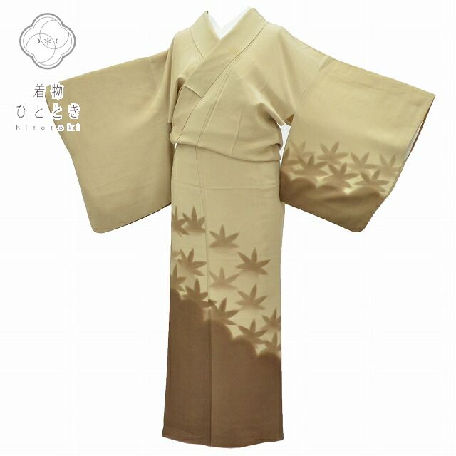 Vintage Japanese Kimono | Houmongi Kimono | Light Brown Silk | Maple Leaf Pattern | Size S | Sustainable | rr0077b