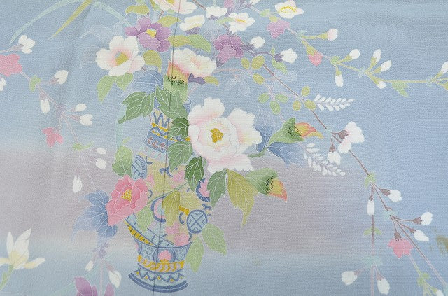 Vintage Japanese Kimono | Houmongi Kimono | Blue Silk | Botanical Pattern | Size S | Sustainable | rr0106b