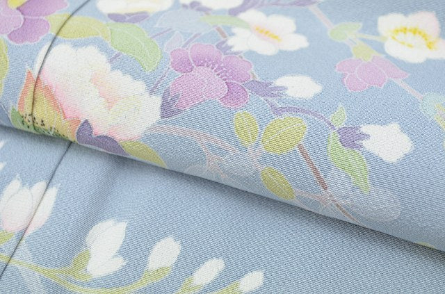Vintage Japanese Kimono | Houmongi Kimono | Blue Silk | Botanical Pattern | Size S | Sustainable | rr0106b