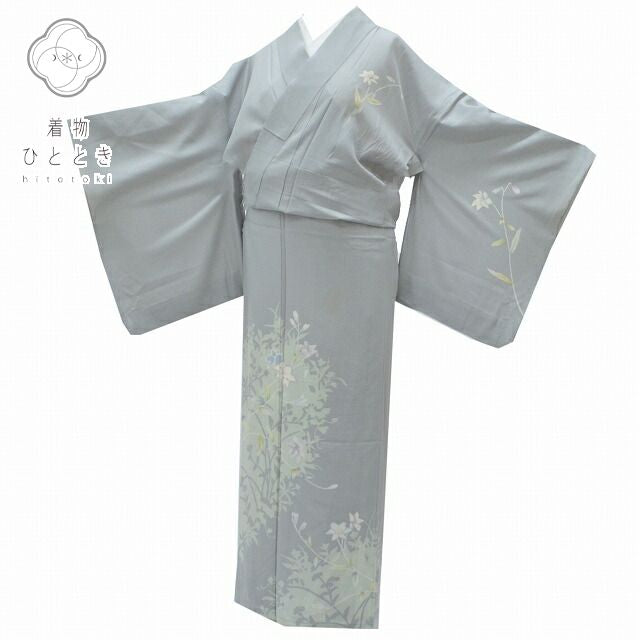 Vintage Japanese Kimono | Tsukesage Kimono | Gray Silk Ro | Bellflower Pattern | Summer | Size L | Sustainable | rr0125b