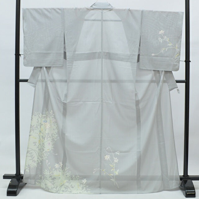 Vintage Japanese Kimono | Tsukesage Kimono | Gray Silk Ro | Bellflower Pattern | Summer | Size L | Sustainable | rr0125b