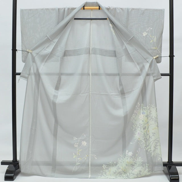 Vintage Japanese Kimono | Tsukesage Kimono | Gray Silk Ro | Bellflower Pattern | Summer | Size L | Sustainable | rr0125b