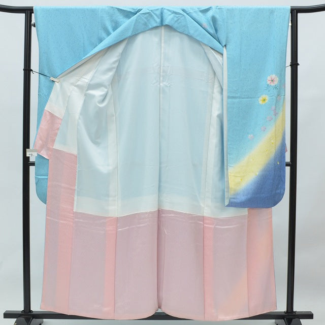 Vintage Japanese Kimono | Furisode Kimono | Light Blue Silk | Floral Pattern | Tall Size | Sustainable | rr0298b