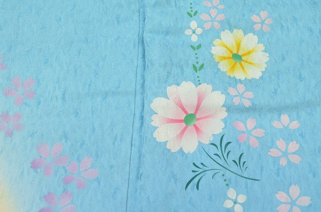 Vintage Japanese Kimono | Furisode Kimono | Light Blue Silk | Floral Pattern | Tall Size | Sustainable | rr0298b