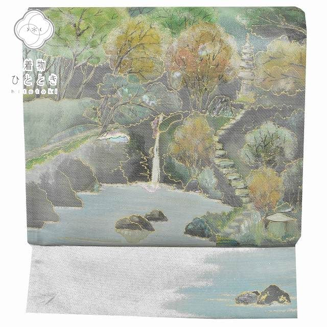 Vintage Japanese Obi | Fukuro Obi | Silver Silk | Landscape Pattern | Mother of Pearl Inlay | Sustainable | rr0363b