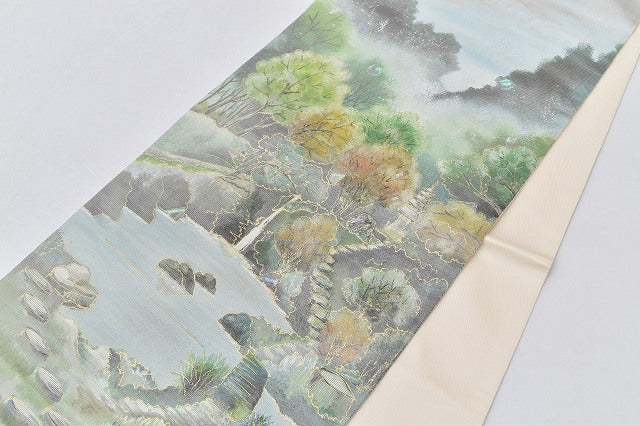 Vintage Japanese Obi | Fukuro Obi | Silver Silk | Landscape Pattern | Mother of Pearl Inlay | Sustainable | rr0363b