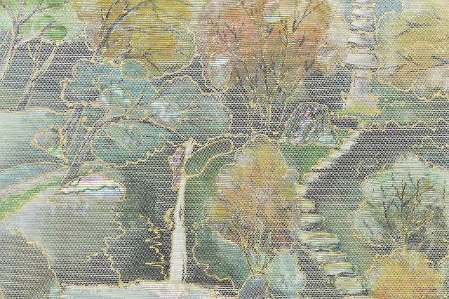 Vintage Japanese Obi | Fukuro Obi | Silver Silk | Landscape Pattern | Mother of Pearl Inlay | Sustainable | rr0363b