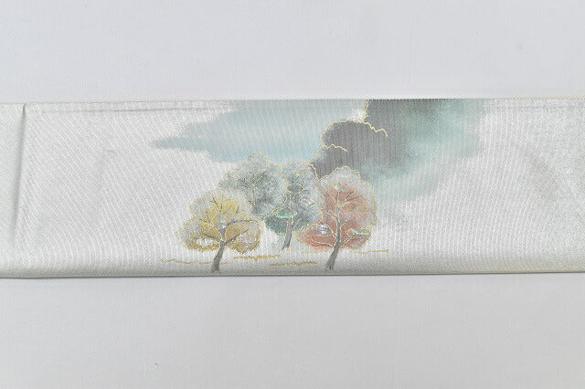 Vintage Japanese Obi | Fukuro Obi | Silver Silk | Landscape Pattern | Mother of Pearl Inlay | Sustainable | rr0363b