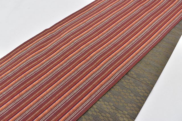 Vintage Japanese Obi | Reversible Fukuro Obi | Brown Green Silk | Geometric Pattern | Casual | Sustainable | rr0381b