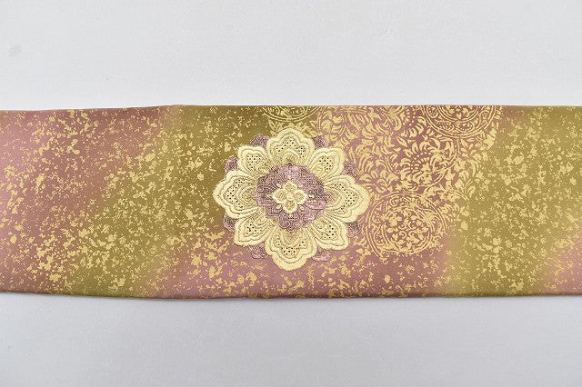Vintage Japanese Obi | Fukuro Obi | Pink Green Silk | Floral Swatow Embroidery | Formal | Sustainable | rr0385b
