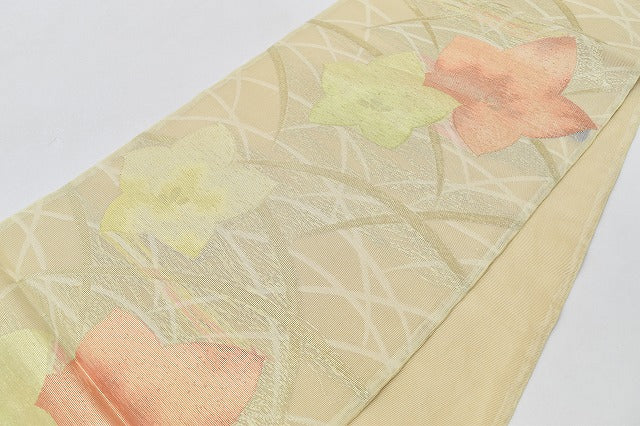 Vintage Japanese Obi | Summer Fukuro Obi | Beige Mixed Weave | Bellflower Pattern | Formal | Sustainable | rr0395b