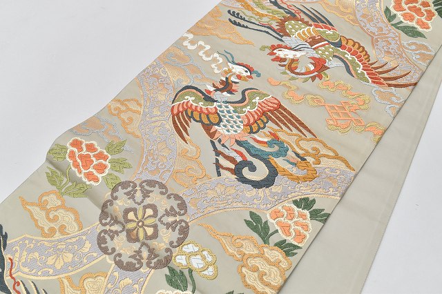 Vintage Japanese Obi | Fukuro Obi | Gray Silk | Phoenix Pattern | Kara-ori Weave | Formal | Sustainable | rr0419b