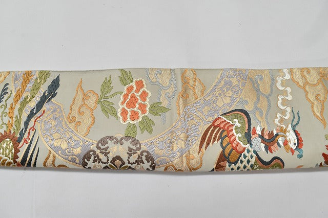 Vintage Japanese Obi | Fukuro Obi | Gray Silk | Phoenix Pattern | Kara-ori Weave | Formal | Sustainable | rr0419b