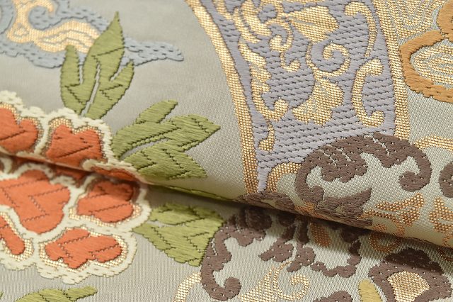 Vintage Japanese Obi | Fukuro Obi | Gray Silk | Phoenix Pattern | Kara-ori Weave | Formal | Sustainable | rr0419b
