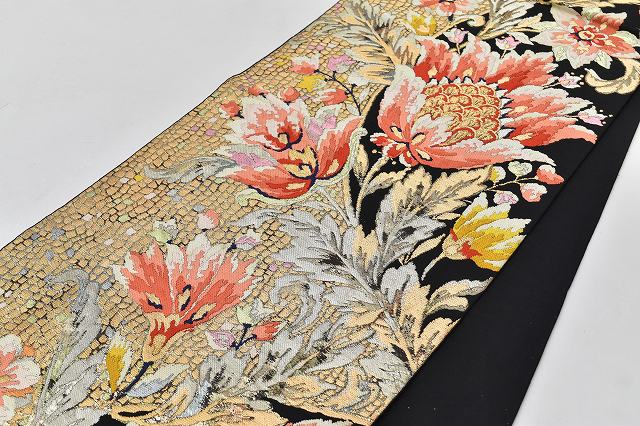 Vintage Japanese Obi | Fukuro Obi | Black Silk | Floral Pattern | Furisode | Formal | Sustainable | rr0420b