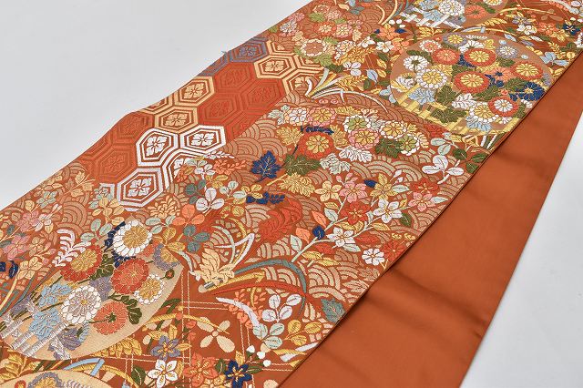 Vintage Japanese Obi | Fukuro Obi | Brown Silk | Autumn Grass Checkered Pattern | Kara-ori | Sustainable | rr0422b
