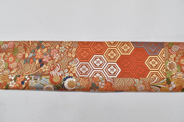 Vintage Japanese Obi | Fukuro Obi | Brown Silk | Autumn Grass Checkered Pattern | Kara-ori | Sustainable | rr0422b