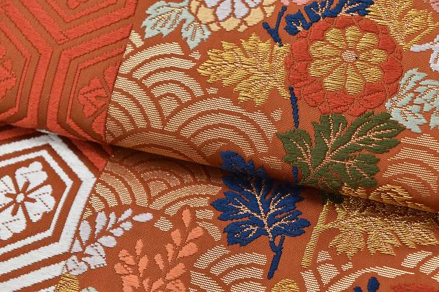 Vintage Japanese Obi | Fukuro Obi | Brown Silk | Autumn Grass Checkered Pattern | Kara-ori | Sustainable | rr0422b