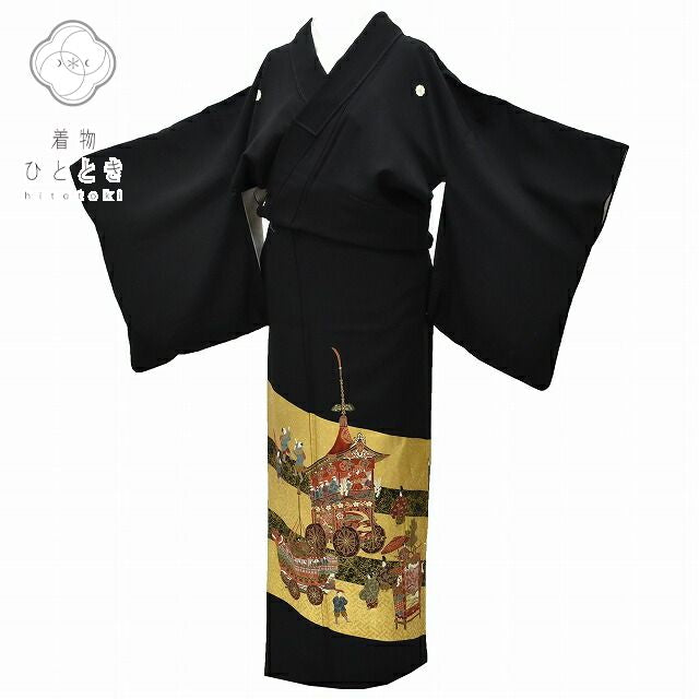 Vintage Japanese Kimono | Black Tomesode Kimono | Silk | Five Family Crests | Festival Pattern | Size L | Sustainable | rr0424b
