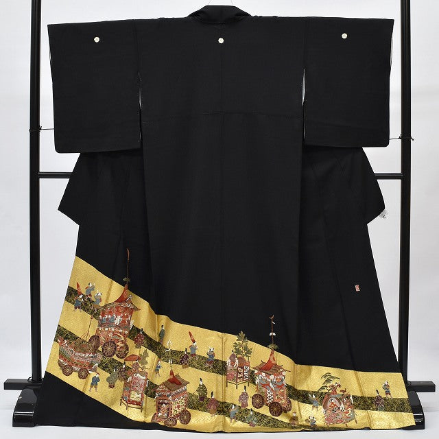 Vintage Japanese Kimono | Black Tomesode Kimono | Silk | Five Family Crests | Festival Pattern | Size L | Sustainable | rr0424b