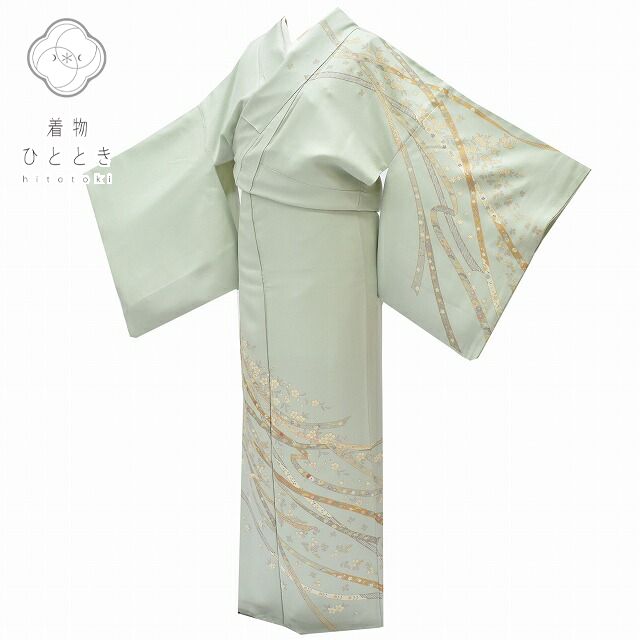 Vintage Japanese Kimono | Houmongi Kimono | Green Silk | Cherry Blossom Embroidery | Size L | Sustainable | rr0524b