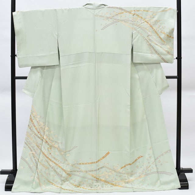Vintage Japanese Kimono | Houmongi Kimono | Green Silk | Cherry Blossom Embroidery | Size L | Sustainable | rr0524b