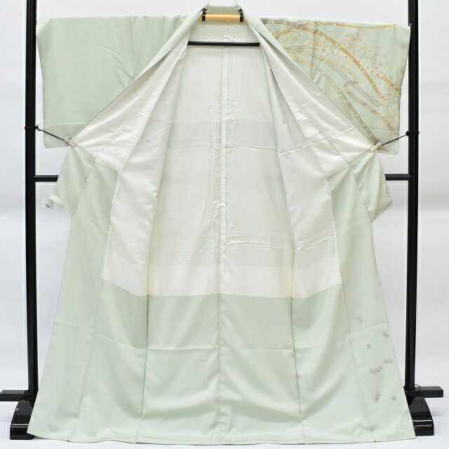 Vintage Japanese Kimono | Houmongi Kimono | Green Silk | Cherry Blossom Embroidery | Size L | Sustainable | rr0524b