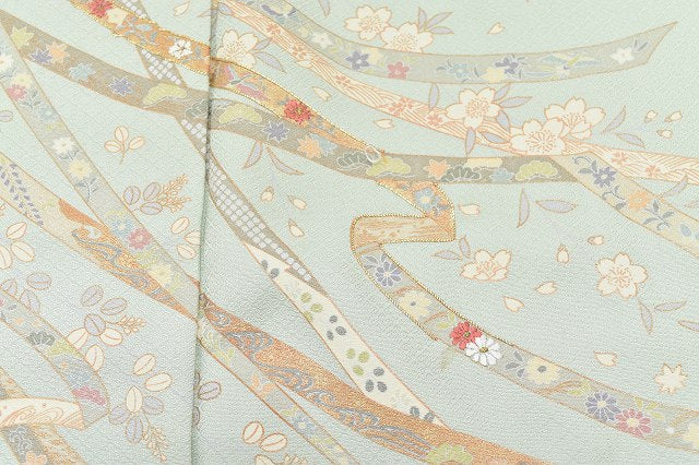 Vintage Japanese Kimono | Houmongi Kimono | Green Silk | Cherry Blossom Embroidery | Size L | Sustainable | rr0524b