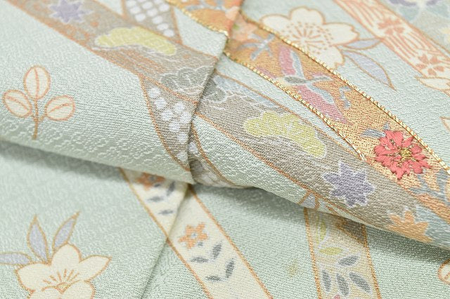 Vintage Japanese Kimono | Houmongi Kimono | Green Silk | Cherry Blossom Embroidery | Size L | Sustainable | rr0524b