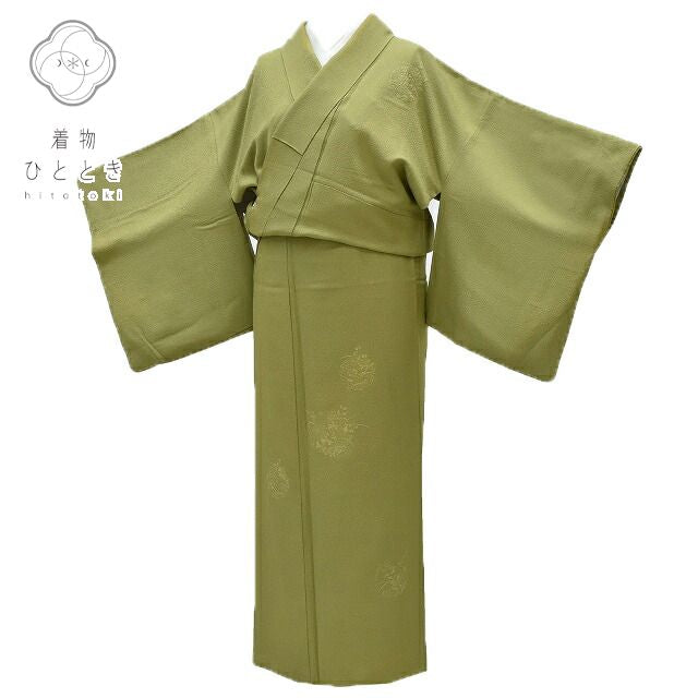 Vintage Japanese Kimono | Tsukesage Kimono | Green Silk Crepe | Snow Wheel Embroidery | Size S | Sustainable | rr0562b