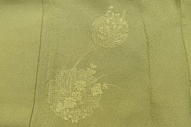 Vintage Japanese Kimono | Tsukesage Kimono | Green Silk Crepe | Snow Wheel Embroidery | Size S | Sustainable | rr0562b