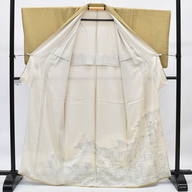 Vintage Japanese Kimono | Houmongi Kimono | Brown Silk Sha-awase | Stream Floral Pattern | Size S | Sustainable | rr0607b