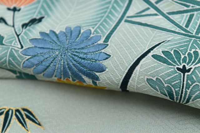 Vintage Japanese Kimono | Iro-Tomesode Kimono | Green Silk | Four Seasons Floral | One Crest | Size M-L | Sustainable | rr0640b