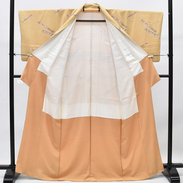 Vintage Japanese Kimono | Komon Kimono | Light Brown Silk Crepe | Tanzaku Poem Card Pattern | Size M | Sustainable | rr0645b