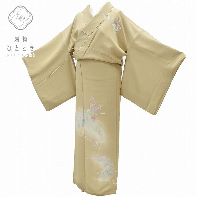Vintage Japanese Kimono | Tsukesage Kimono | Beige Silk | Floral Pattern | Tall Size LL | Sustainable | rr0678b