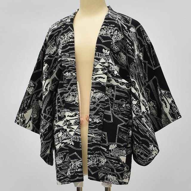 Vintage Japanese Kimono | Haori Jacket | Black Silk | Landscape Pattern | With Haori Himo | Sustainable | rr0698b