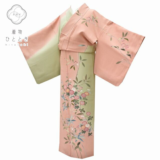 Vintage Japanese Kimono | Houmongi Kimono | Pink Green Silk | Kaga Yuzen | Artist Signed | Size L-L | Sustainable | rr0931b