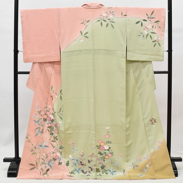 Vintage Japanese Kimono | Houmongi Kimono | Pink Green Silk | Kaga Yuzen | Artist Signed | Size L-L | Sustainable | rr0931b