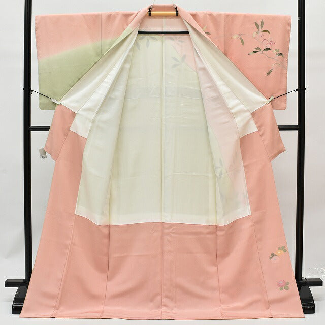 Vintage Japanese Kimono | Houmongi Kimono | Pink Green Silk | Kaga Yuzen | Artist Signed | Size L-L | Sustainable | rr0931b