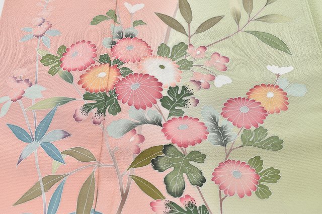 Vintage Japanese Kimono | Houmongi Kimono | Pink Green Silk | Kaga Yuzen | Artist Signed | Size L-L | Sustainable | rr0931b