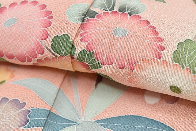 Vintage Japanese Kimono | Houmongi Kimono | Pink Green Silk | Kaga Yuzen | Artist Signed | Size L-L | Sustainable | rr0931b