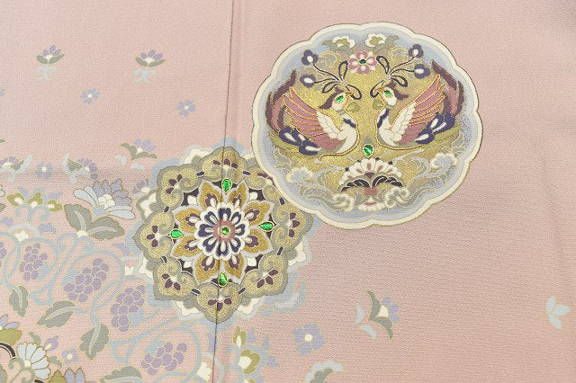Vintage Japanese Kimono | Iro-Tomesode Kimono | Pink Silk Crepe | Floral Arabesque Bird Pattern | Artist Signed | Sustainable | rr0936b